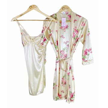 Women’s 2pcs Silky Nightwear Set Beige Cami Top And Floral Printed Nightgown Robe Sexy Nightdress