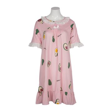 Women’s Pink Fruit Printed Lace Shot Sleeve and Round Neck Cotton Pleated Nightwear Soft Nightgown
