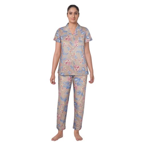 Women's Satin Pink & Blue Floral Pants Top Set 1Sell