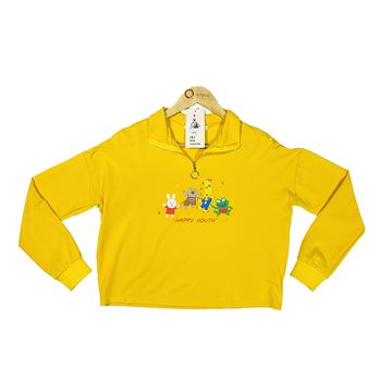 Women’s Yellow Long Sleeve Cartoon Printed Zip Up Crop Sweatshirt