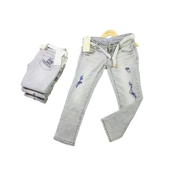 Light Grey Denim Ripped Stretchy Pants with Belt and Embroided motif on back Pocket