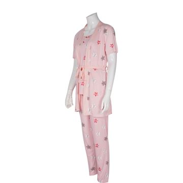 Women's 3pcs Silky Nightwear Set  Star Printed Top, Printed Nightgown Robe with Long Pants Pajama Set