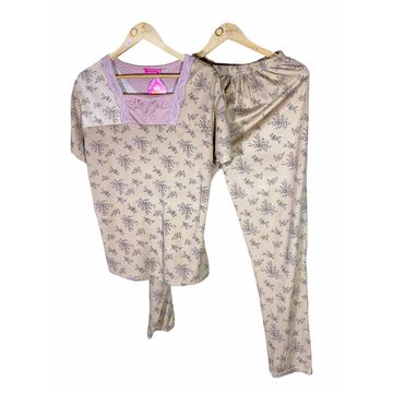 Women's Skin Two Piece Satin Silk Lace Tee and Long Pants Pajama Set
