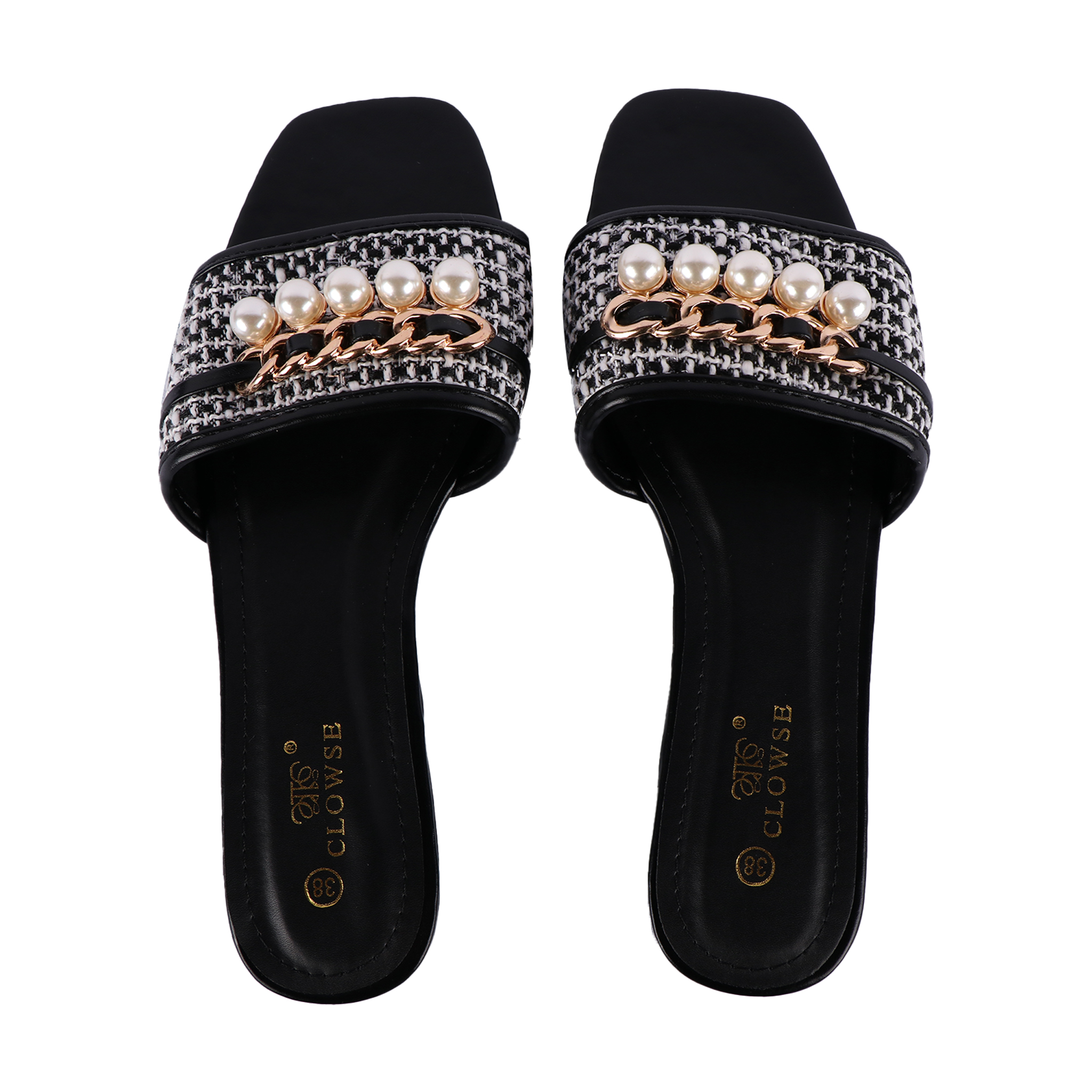 Sandals - Glass pearls & fabric, black & gold — Fashion