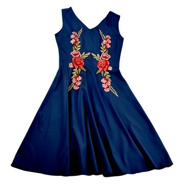 Women's Solid Blue Embroidered Floral Short Dress