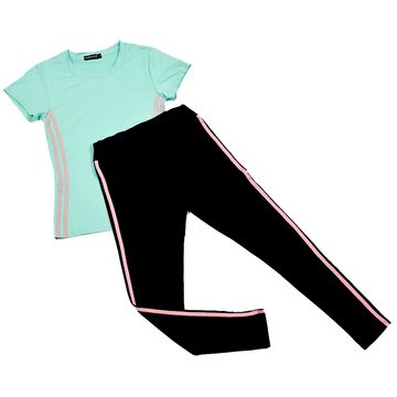Women’s Contrast T-shirt with Matching Side Striped Full Length Leggings Set