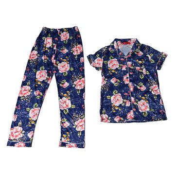 Women's Navy Blue and Pink Floral Printed Two Piece Satin Silk Tee and Long Pants Pajama Set/ Nightwear