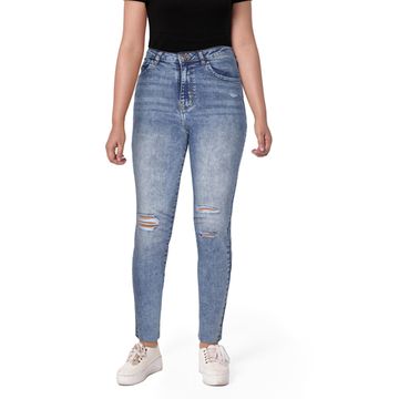 Women's Washed Blue Distressed Skinny Jeans 001