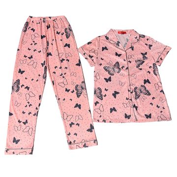 Women's Pink and Gray Butterfly Printed Two Piece Silk Shirt and Long Pants Pajama Set/ Nightwear