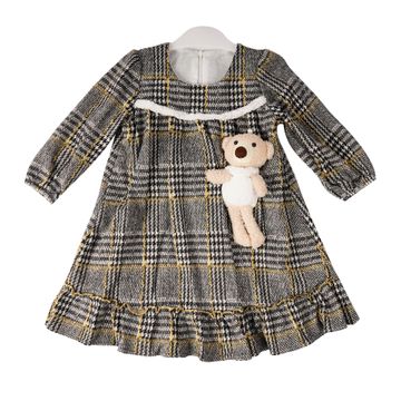 Baby Girl Gray Checkered Dress With Teddy Bear Turkey
