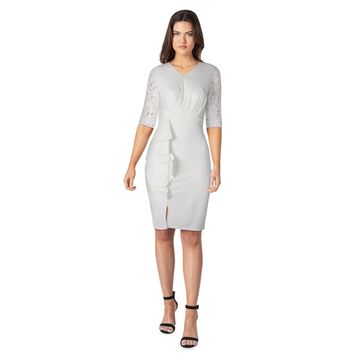 Women's White Ruffled Bodycon Dress With Lace Sleeves