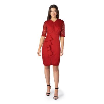 Women's Red Ruffle Bodycon Half Sleeve Dress #260