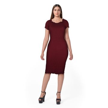 Women's Maroon Fitted Stretchable Midi Dress