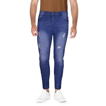 Men's Distressed Mid-Rise Blue Skinny Fit Jeans